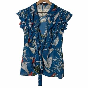 Adolfo Dominguez Blue Floral Ruffle Blouse Women Size 38 Tie Waist Flowy Top